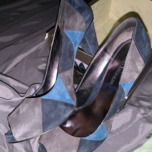Blue Suede Patchwork Peep Toe High Heels Pumps